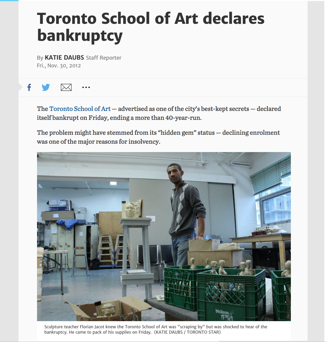Toronto School of Art - Claims Brancuptcy